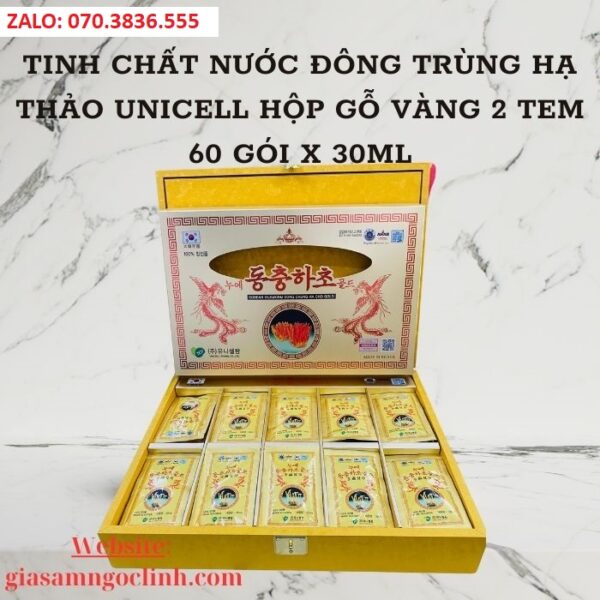 Tinh Chất Nước Đông Trùng Hạ Thảo Unicell Hộp Gỗ Vàng 2 Tem 60 Gói x 30ml