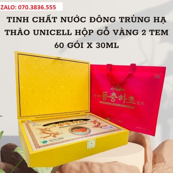 Tinh Chất Nước Đông Trùng Hạ Thảo Unicell Hộp Gỗ Vàng 2 Tem 60 Gói x 30ml