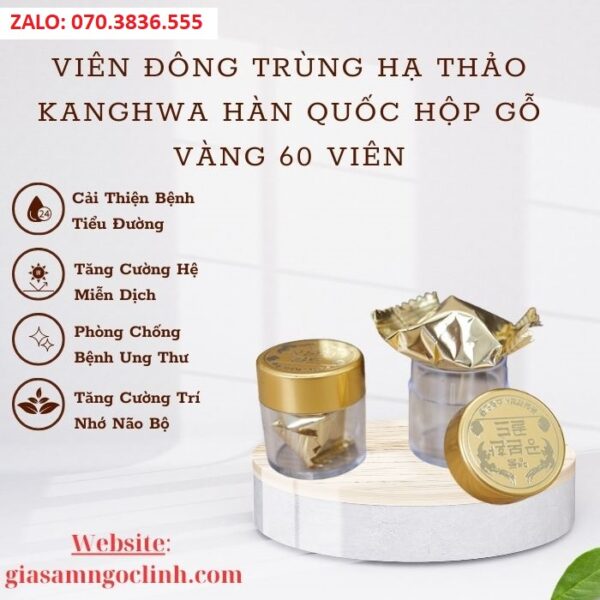 Viên Đông Trùng Hạ Thảo KangHwa Hàn Quốc Hộp Gỗ Vàng 60 Viên
