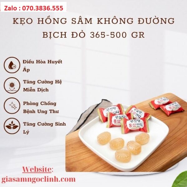 Kẹo Hồng Sâm Không Đường Bịch Đỏ 365-500 gr