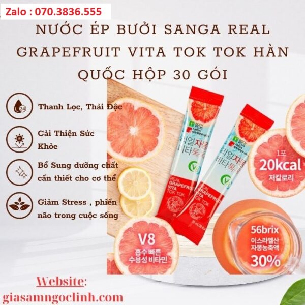Nước Ép Bưởi Sanga Real Grapefruit Vita Tok Tok Hàn Quốc Hộp 30 Gói