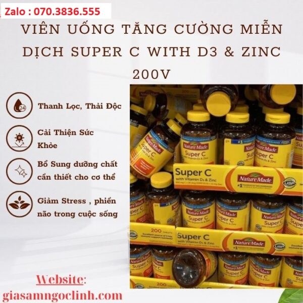 Viên Uống Tăng Cường Miễn Dịch Super C With D3 & Zinc 200v